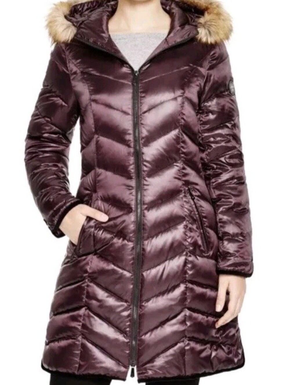 DAWN LEVY ABBEY Long Down Puffer Coat In Eggplant Purple Vegan Fur Size M NWOT